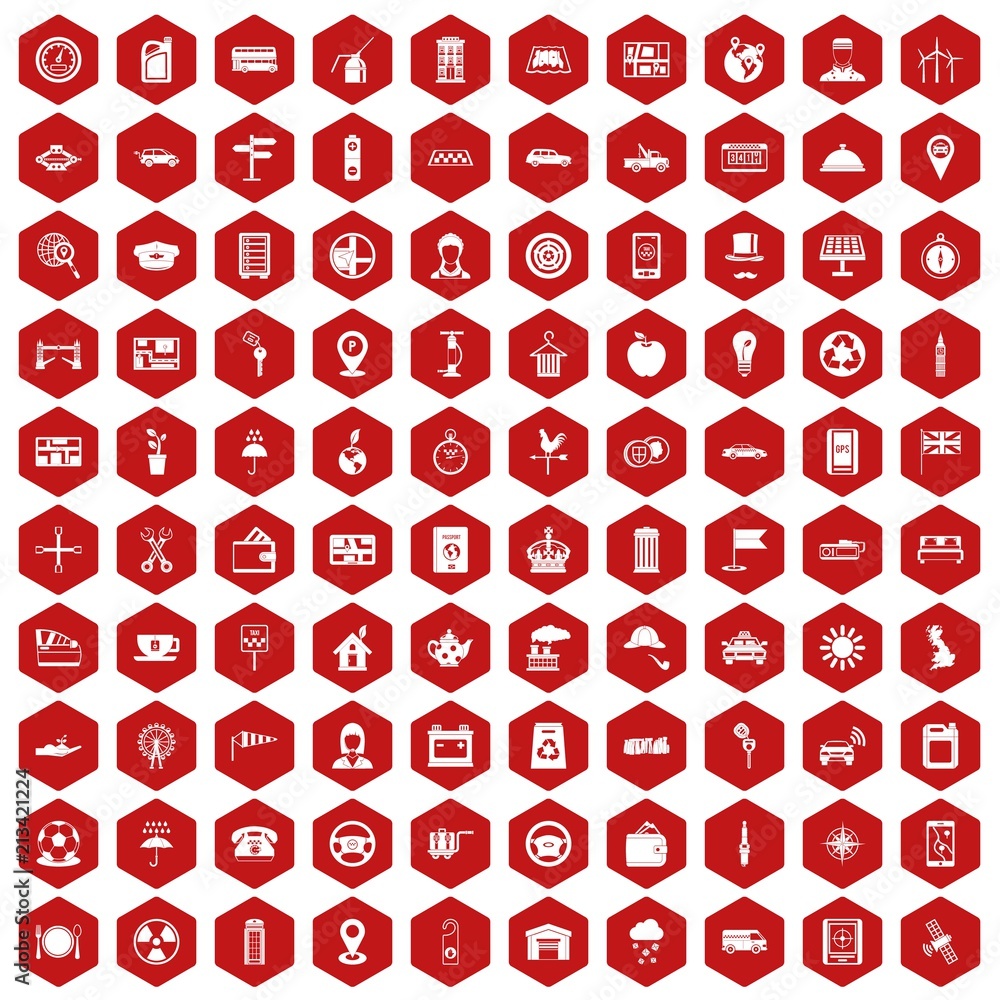 100 taxi icons set in red hexagon isolated vector illustration 100 taxi icons set in red hexagon isolated vector illustration