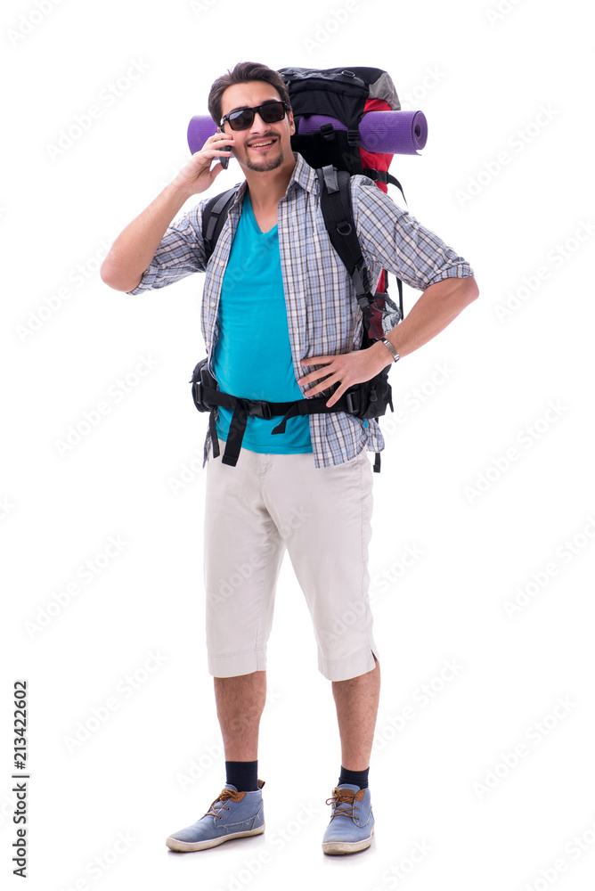 Backpacker with large backpack isolated on white Backpacker with large backpack isolated on white