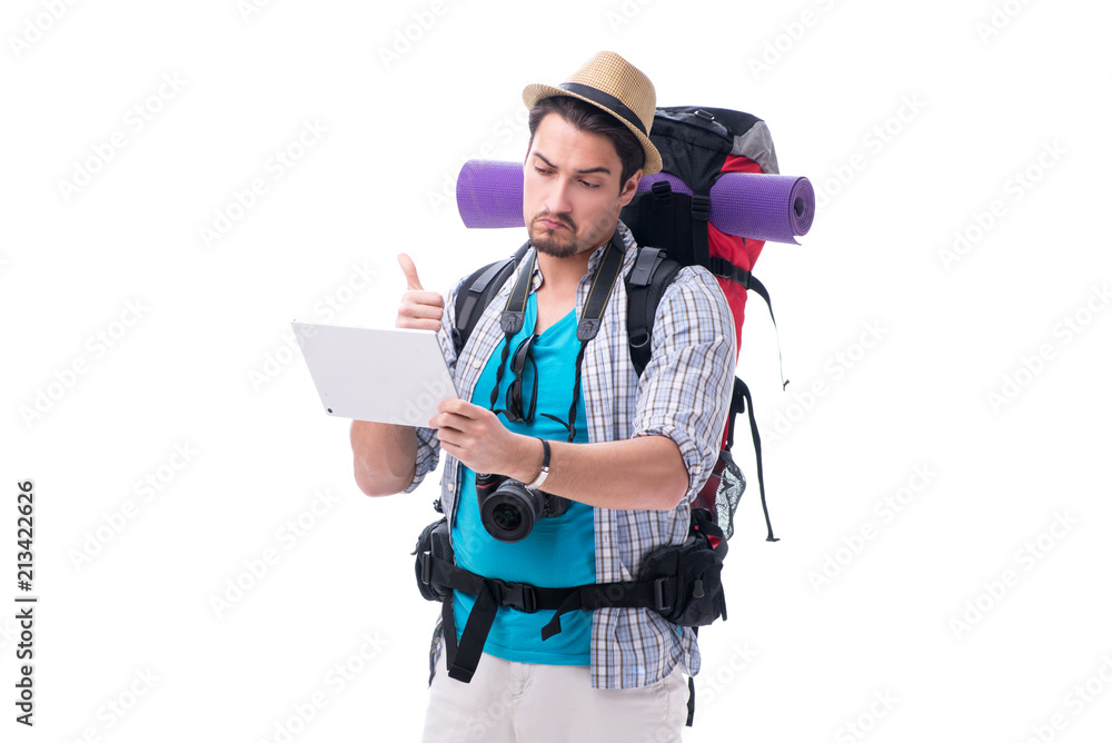 Man lost and looking for direction with map on white Man lost and looking for direction with map on white