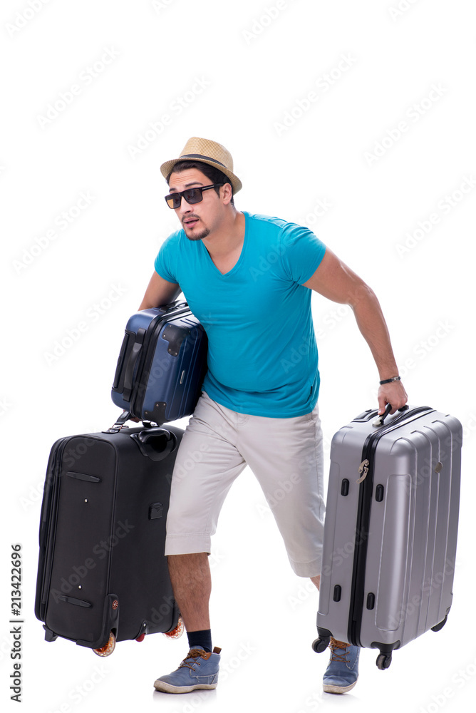 Traveler with much luggage isolated on white background Traveler with much luggage isolated on white background