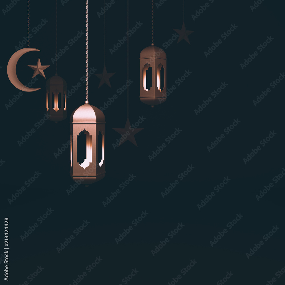Paper art of hanging lantern and moon crescent star on dark, design creative concept of islamic celebration day ramadan kareem or eid fitr adha, 3d rendering illustration.
