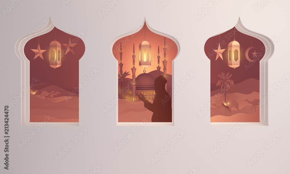 Paper art view from arabic window of sunset desert with the mosque, people pray, camel, dates palm. Design creative concept of islamic celebration day ramadan kareem or eid fitr adha. 3D rendering.