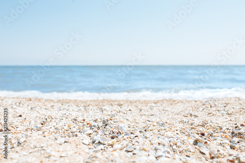 Sand close-up, against the background of a blurred blue sea or ocean, an empty beach, Sunny day, beach with shells