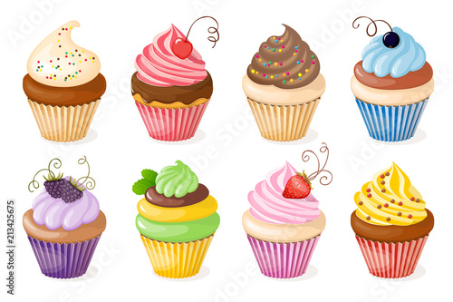 Set of the realistic isolated colorful cupcakes and berries on the white background.