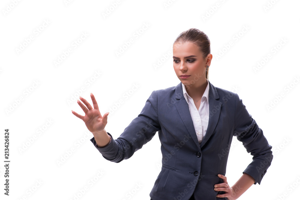Young businesswoman pressing virtual button on white Young businesswoman pressing virtual button on white