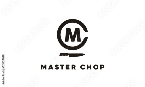 Initials Monogram Letter MC CM with Chef Knife for Restaurant Kitchen or Butcher logo design