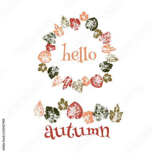 Hello, Autumn! Multi-colored autumn leaves on a white background. Wreath. Leaf fall. Warm shades of green, yellow, olive, brown, orange, red on white background.