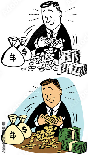 A man enjoys an armful of his money and wealth.