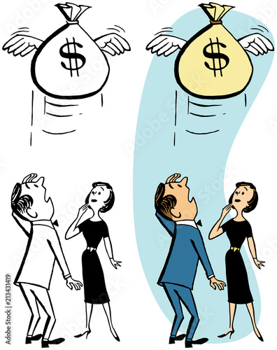 A bag of money flies just out of the reach of a couple
