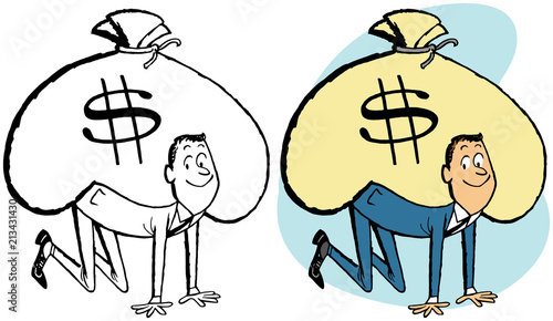 A man supports a huge bag of money on his back.