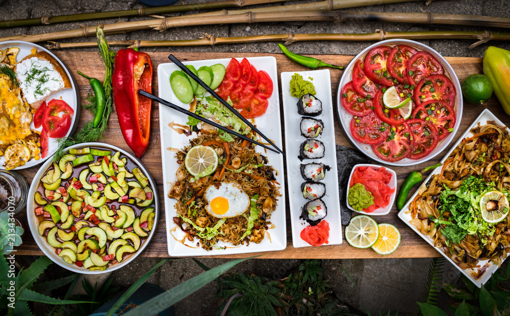 Full asian Thai cafe menu on wooden table. Authentic Indonesian