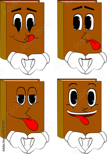 Books with heart shape hand gesture. Cartoon book collection with happy faces. Expressions vector set.