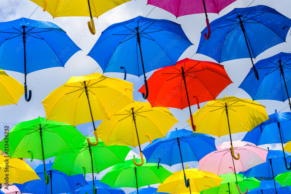 Colorful hanging umbrellas in a outdoor plaza in Miami