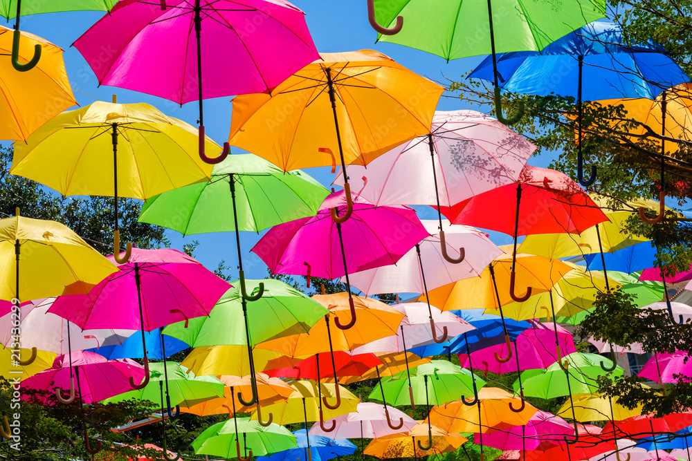 Colorful hanging umbrellas in a outdoor plaza in Miami