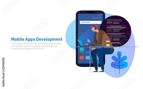 Mobile App Development, Programmer code on laptop. Smart phone application. Vector illustration