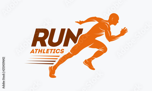 Running Man silhouette Logo with Finish ribbon, Marathon logo template, running club or sports club