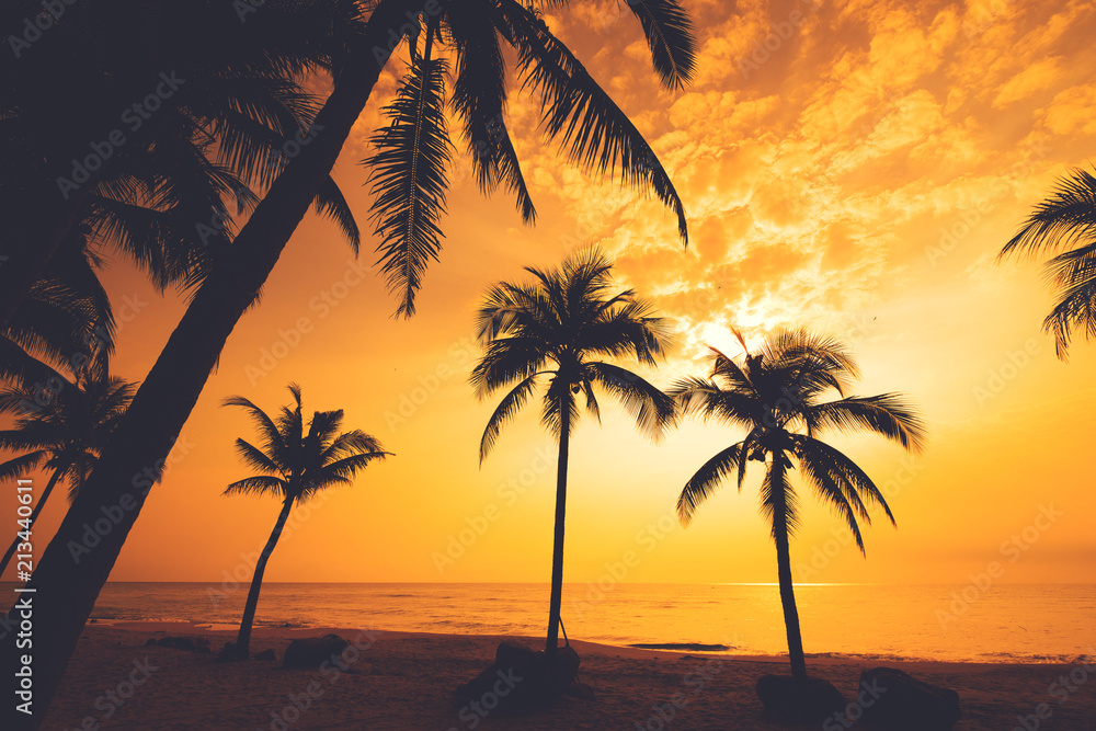 Silhouette of tropical beach during sunset twilight. seascape of summer beach and palm tree at sunset. vintage color tone