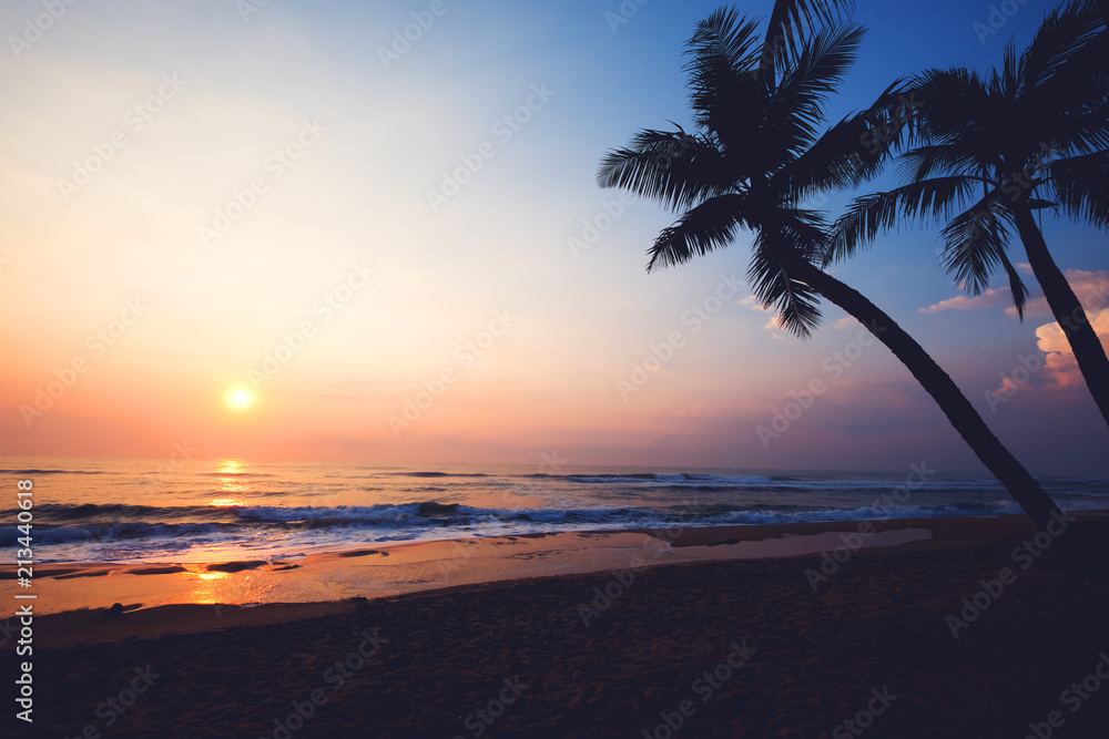 Silhouette tropical beach at sunset. seascape of summer beach and palm tree at sunset. vintage color tone