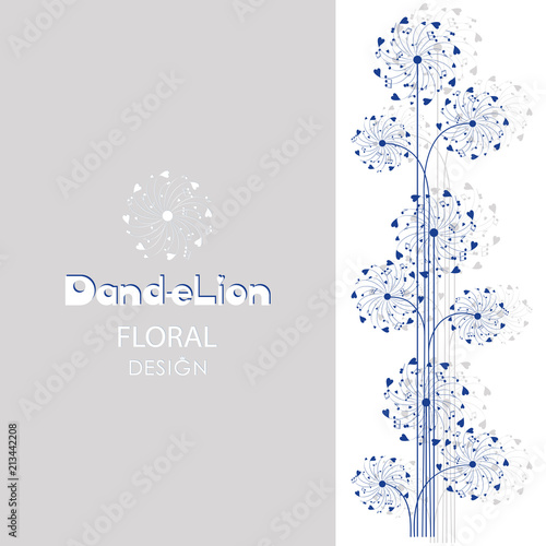 Dandelions. Musical background. Floral design. Flying in the wind, the parachutes from hearts and notes. Poster. The word and the silhouette of a dandelion on a light background.