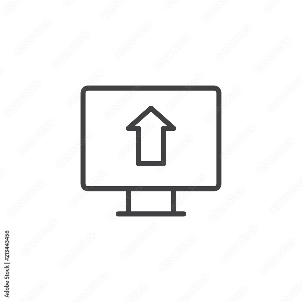 Upload arrow on monitor screen outline icon. linear style sign for mobile concept and web design. simple line vector icon. Symbol, logo illustration. Pixel perfect vector graphics Upload arrow on monitor screen outline icon. linear style sign for mobile concept and web design. simple line vector icon. Symbol, logo illustration. Pixel perfect vector graphics