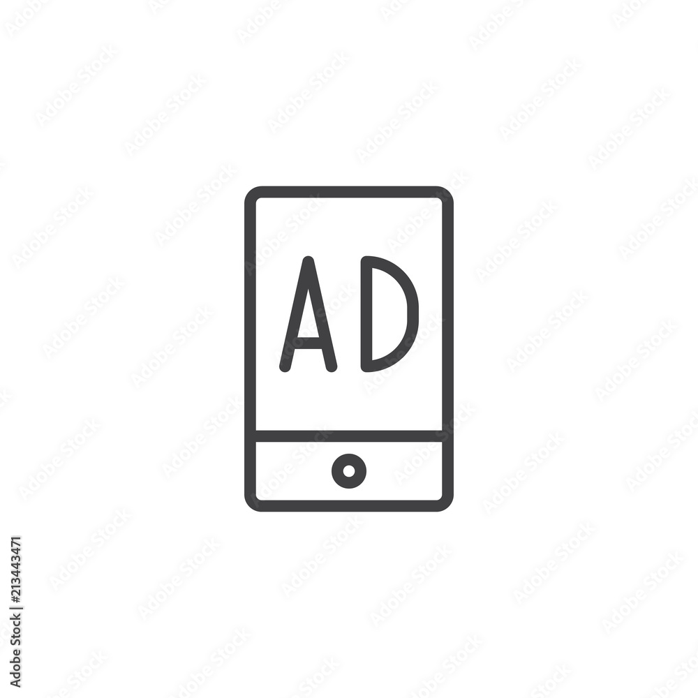 Mobile Ad outline icon. linear style sign for mobile concept and web design. Ads on smartphone screen simple line vector icon. Symbol, logo illustration. Pixel perfect vector graphics Mobile Ad outline icon. linear style sign for mobile concept and web design. Ads on smartphone screen simple line vector icon. Symbol, logo illustration. Pixel perfect vector graphics