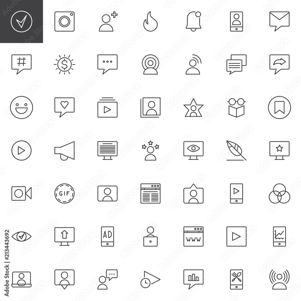 Blogger and influencer outline icons set. linear style symbols collection, line signs pack. vector graphics. Set includes icons as Follower, Hashtag, Sponsor, Comment, Like, Accounts, Blog, Share Blogger and influencer outline icons set. linear style symbols collection, line signs pack. vector graphics. Set includes icons as Follower, Hashtag, Sponsor, Comment, Like, Accounts, Blog, Share