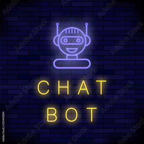 Neon Chat Bot. Artificial Intelligence Concept. Cute Smiling Chatbot Icon. Robot Virtual Assistance.