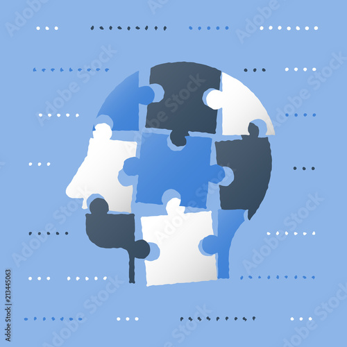 Critical thinking, puzzle head, neurology concept, decision making, education strategy, human resources, simple solutions