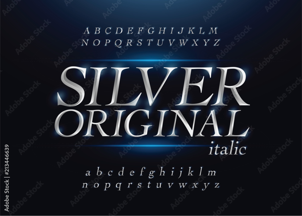 Elegant silver colored metal chrome alphabet italic font. Typography classic style silver font set for logo, Poster, Invitation. Vector illustration