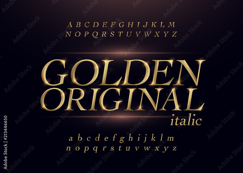 Elegant gold colored metal chrome alphabet italic font. Typography classic style golden font set