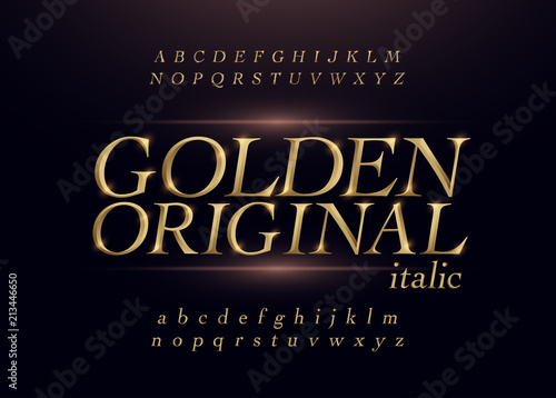 Elegant gold colored metal chrome alphabet italic font. Typography classic style golden font set for logo, Poster, Invitation. Vector illustration