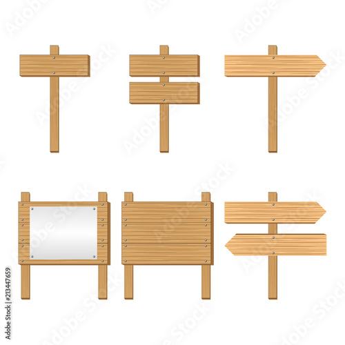set of wooden signboard and road sign announcement board with paper placard