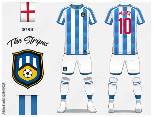 Soccer jersey or football kit template for football club. Blue and white stripe football shirt with sock and short mock up. Front and back view soccer uniform. Football logo and Flag label. Vector.