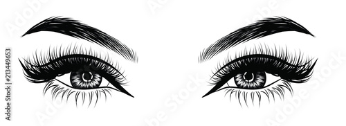 Illustration of woman's sexy luxurious eye with perfectly shaped eyebrows and full lashes. Hand-drawn Idea for business visit card, typography vector. Perfect salon look.