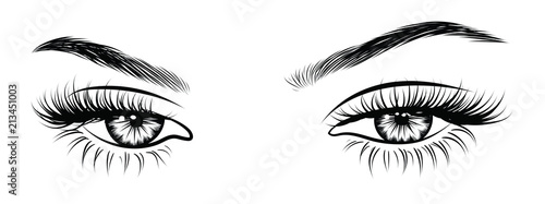 Illustration of woman's sexy luxurious eye with perfectly shaped eyebrows and full lashes. Hand-drawn Idea for business visit card, typography vector. Perfect salon look.