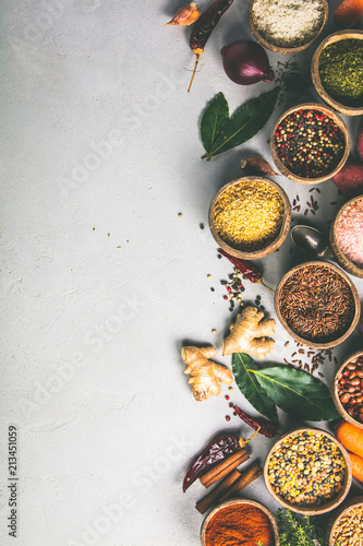 Healthy ingredients and spices on rustic murble background