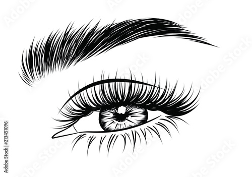 Illustration of woman's sexy luxurious eye with perfectly shaped eyebrows and full lashes. Hand-drawn Idea for business visit card, typography vector. Perfect salon look.