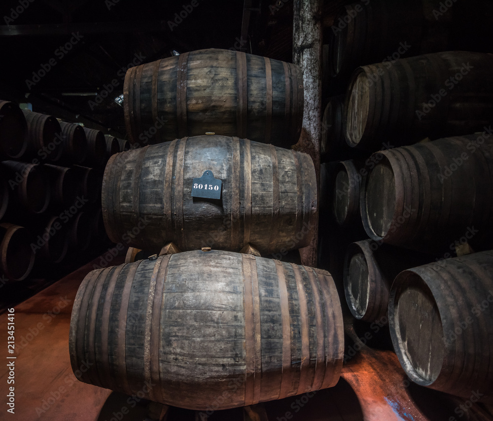 Port wine barrels in cellar, Vila Nova de Gaia, Porto, Portugal