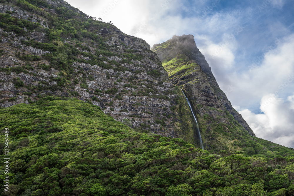 Cascata do Poço do Bacalhau, a waterfall on the Azores island of Flores, Portugal.