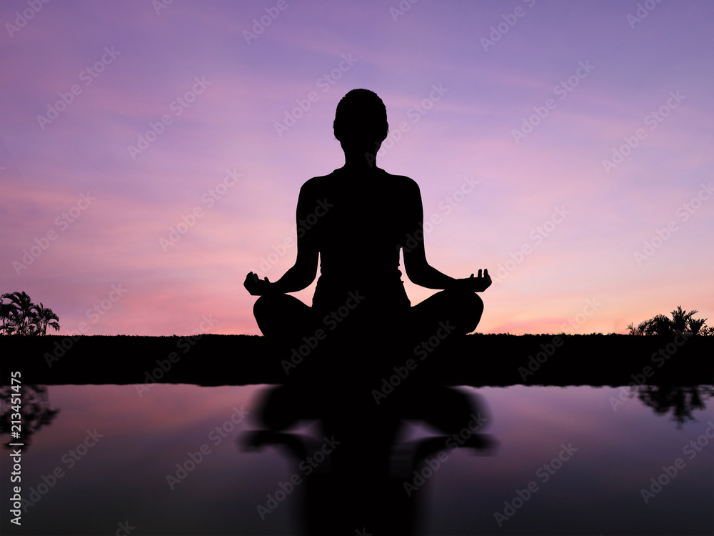Silhouette woman meditate .