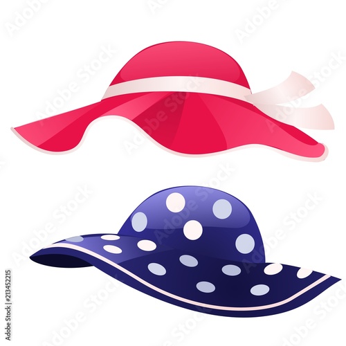 Set of fashion womens summer hat isolated on white background. A set of cartoon attributes of tourist trips and travel. Vector cartoon close-up illustration.