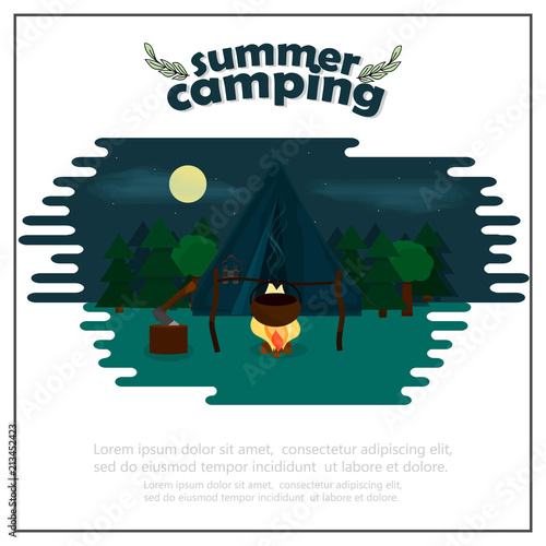 Background for summer camp, nature tourism, camping design concept. Vector