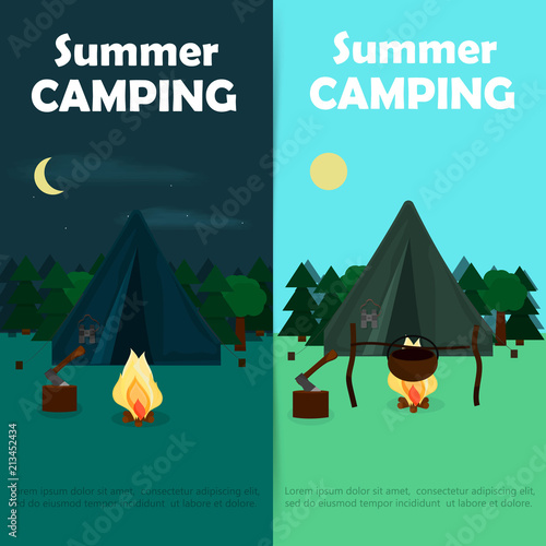 Background for summer camp, nature tourism, camping design concept. Vector