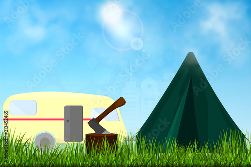 Background for summer camp, nature tourism, camping design concept. Vector