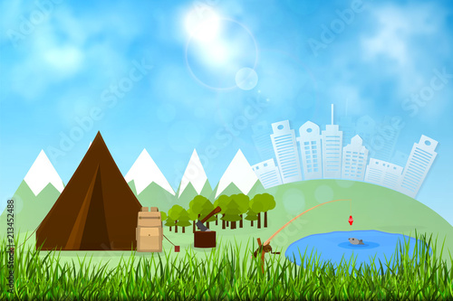 Background for summer camp, nature tourism, camping design concept. Vector