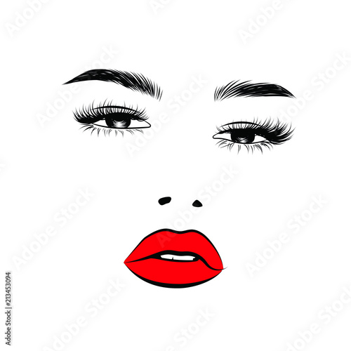 Cute portrait girl with classic retro curly hair.Close up look , cat eye with long eyelashes and full shaped eyebrows, perfect red lips shape.Hand-drawn idea for business visit card 