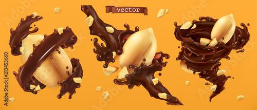 Peanut nuts and chocolate splashes. 3d realistic vector