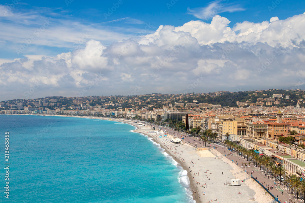 Naklejka premium May 31, 2018. Daylight sunny view to coastline of Nica, France.