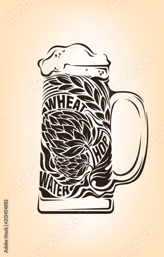 Hand drawn vintage graphic with beer mug and lettering. Vector typography illustration for t-shirt or bag print, badges and logo design.