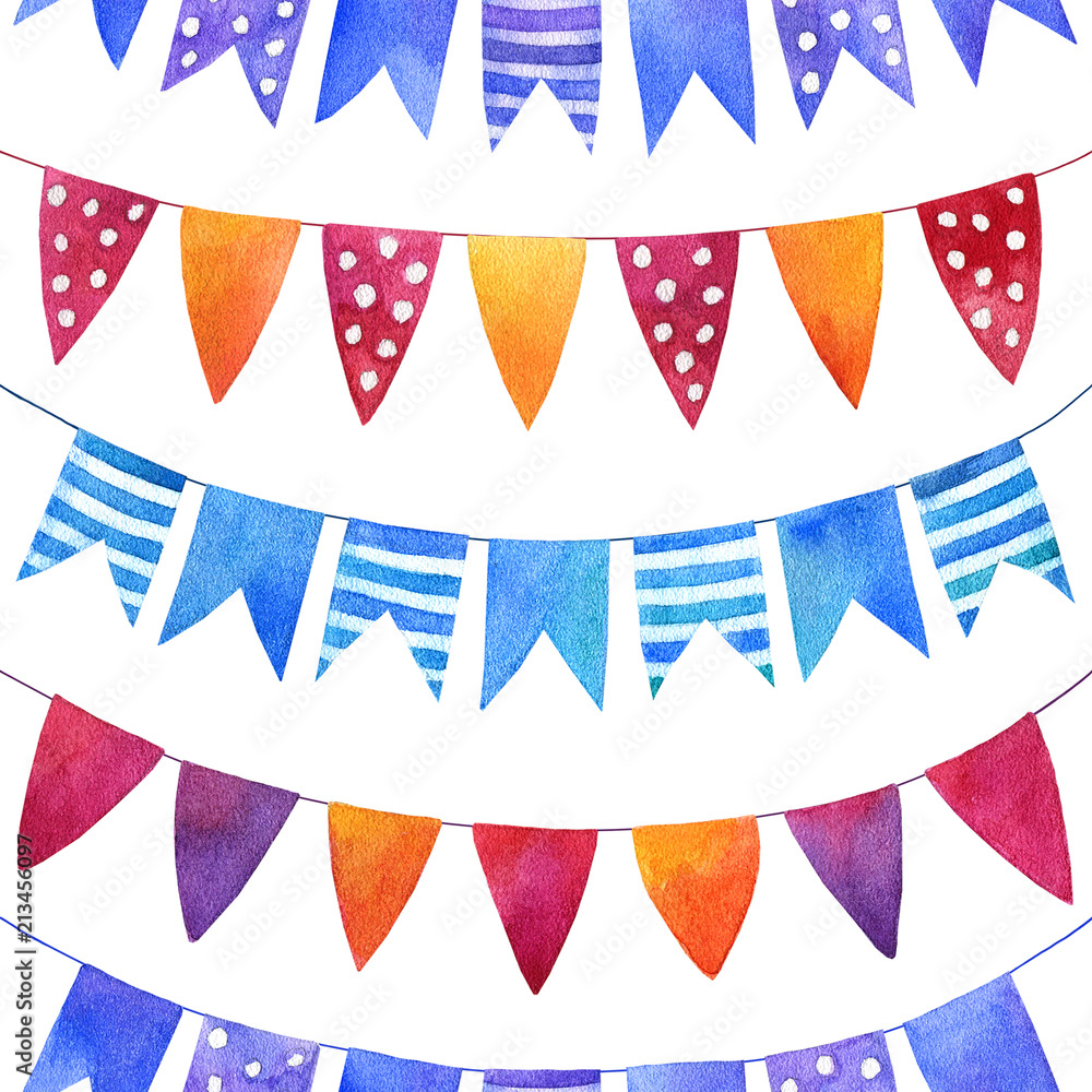 Fototapeta premium Watercolor hand drawn seamless birthday pattern with flags garlands